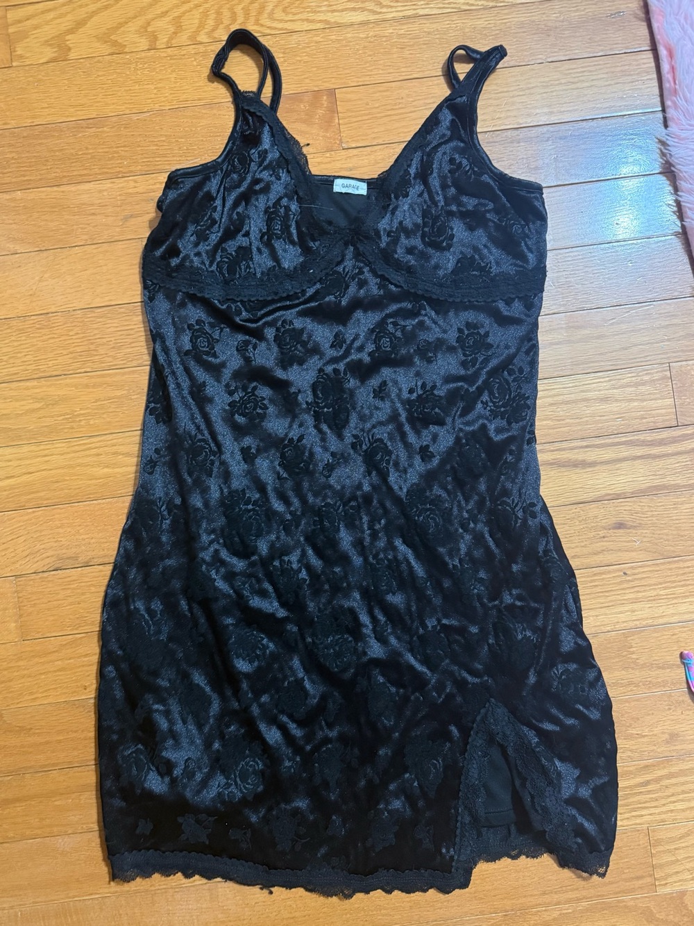 Garage Black Flocked Velvet Rose Mini Slip Dress Lace Trim Side Slit size M